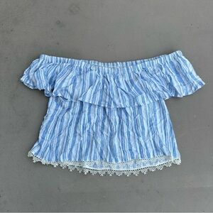 Altar'd State Blue and White Ruffle Top